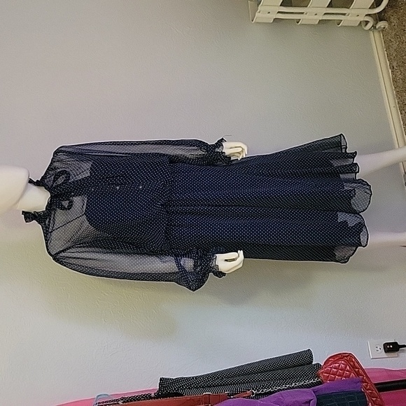 VTG AJ BARI Navy Pin Dot Chiffon Blouson Ruffle Bow Tie Castlecore Shirt Dress - Picture 2 of 10